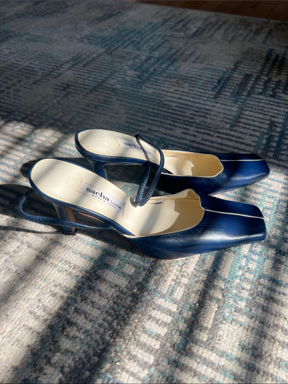 Vintage Sacha London Navy Leather Square Toe Slingback Heels Size 7 Spain